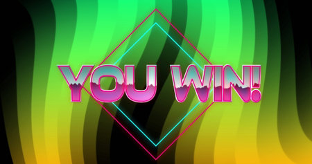 Shining bold uppercase text YOU WIN! glowing in stylized digital graphic, with neon diamond frames....