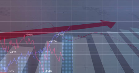 Rising thick red arrow filling grid lines in design studio, with blue pink charts, dotted bars. Financial, analytics, data, visualization, digital, technology, infographicの写真素材
