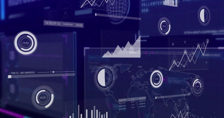 Displaying analytics interface streaming data in digital dashboard, with gauges and world map....