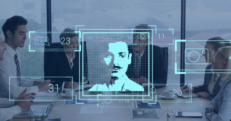 Digital biometric overlay scanning team in glass boardroom, with laptops notebooks coffee cups....