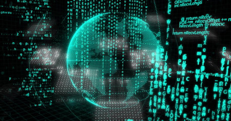 Displaying neon green wireframe globe rotating above grid floor with code streams and dot matrices....