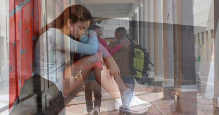 Sitting student girl hugging knees and resting head on bench by red lockers, with black backpack. Contemplation, friendship, æ ¡å­, casual, urban, emotion, studyの写真素材