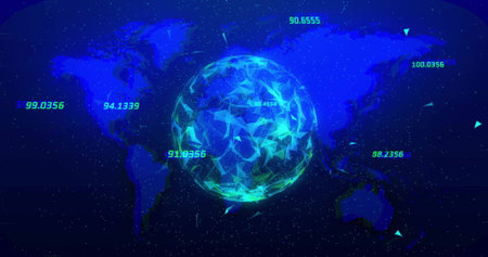 Floating low-poly network sphere hovering over world map, with streaming lines and numeric labels....