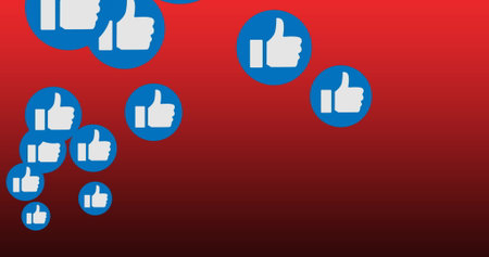 Floating blue circular icons showing white thumbs up symbols on red gradient, social media theme....