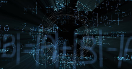 Floating glowing blue equations moving through 3D tunnel, with trig functions and geometric shapes. Futuristic, abstract, digital, scientific, innovative, geometric, data scienceの写真素材