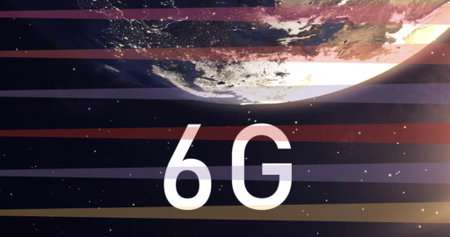 Displaying bold white 6G text floating above sunlit planet in outer space, with colored stripes....
