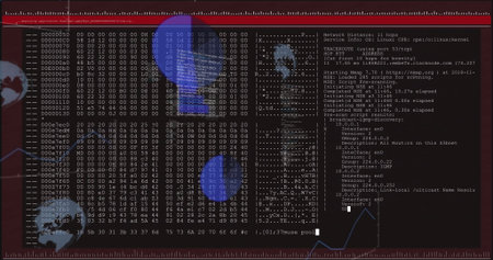 Displaying windows showing hex dump and network scan output on workstation, with red UI border....