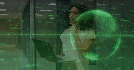 Analyzing woman in office attire interacting with holographic display in lab, with laptop and globe....