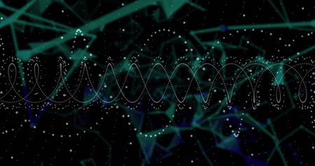 Displaying horizontal dotted sine-wave in virtual space, with polygonal network and luminous points....