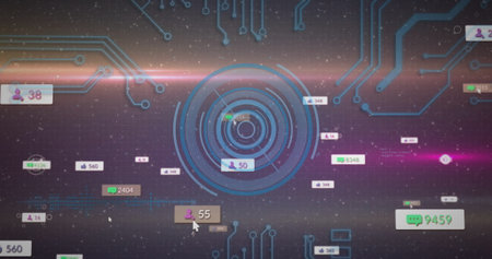 Displaying radar target hovering over starfield, with circuit traces and social metrics. Futuristic, digital, interface, dashboard, cyber, tech, networkの写真素材
