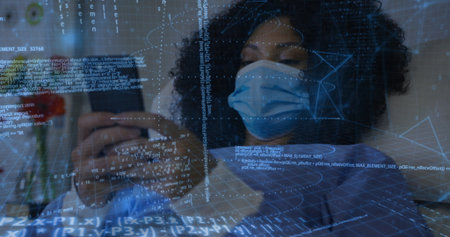 Lying female patient wearing surgical mask holding smartphone at hospital bedside, digital overlay....