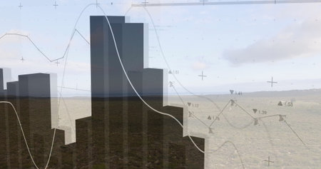 Displaying bar chart silhouettes rising over arid plain, with curved white line and numeric markers....