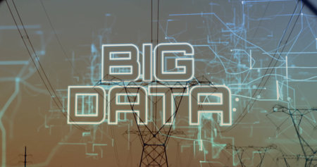 Displaying BIG DATA graphic over transmission towers and power lines at dusk, showing network flow. Technology, infrastructure, connectivity, industrial, digital, network, innovationの写真素材
