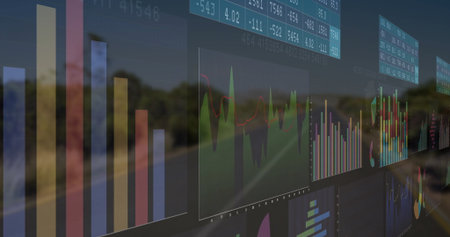 Floating dashboard over rural highway showing bar charts, line graphs, pie charts, numeric tables....