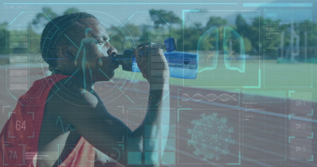 Drinking athlete in red top on red track, with blue water bottle, digital graphics, copy space....