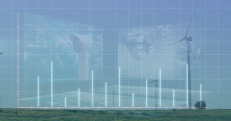 White wind turbines spinning on grass plain, with bar graph, grid overlay and interface screens....