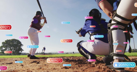 Swinging batter holding wooden bat at home plate in ballpark with numeric data overlays, copy space....