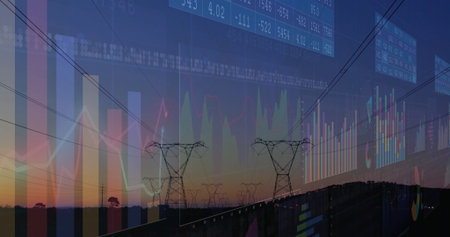 Displaying high-voltage towers crossing rural scene at dusk, with guardrail and financial charts....