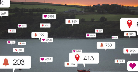 Floating notification bubbles drifting above sunset lake with red canoe and distant farmhouse....