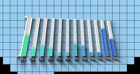 Displaying 3D bar chart rising from black base on blue grid, with month and value labels. Data...