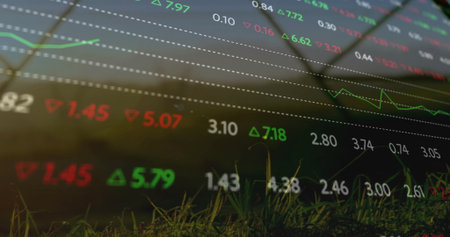 Displaying stock market data floating over grass blades in field, with tickers, arrows, grid lines....