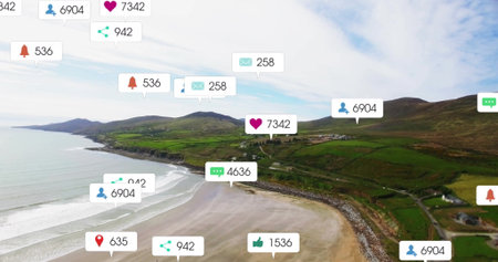 Floating translucent social media notification icons above bay flanked by green hills and fields....