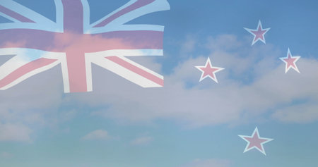 Floating New Zealand flag over blue sky with clouds, with Union Jack emblem and red stars. Patriotic, national, independence, symbolism, aerial, graphic, digitalの写真素材