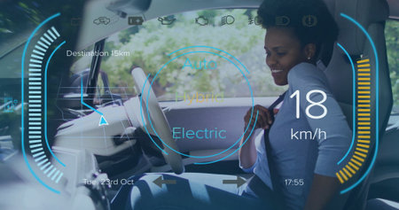 Woman fastening seat belt in car cabin, with steering wheel and digital display, copy space. Innovative, modern, sleek, eco-friendly, technology, transportation, safetyの写真素材