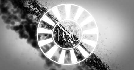 Displaying circular countdown timer at 100 in digital art, with segmented rings, black smoke cloud. Futuristic, technology, motion, abstract, innovation, digital, progressの写真素材