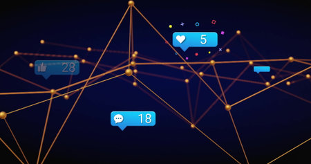 Floating golden nodes and thin lines forming web in virtual space, with blue notification bubbles....