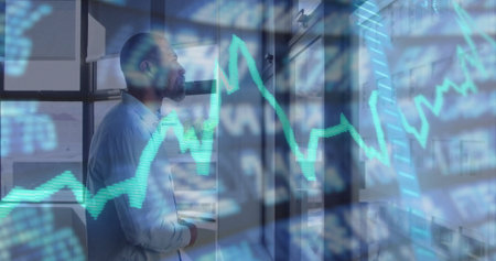 Standing analyst in business attire observing chart overlay on high-rise office window, copy space....
