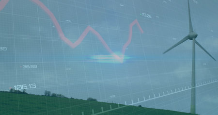 Wind turbine standing on hillside with digital grid, axis ticks, data, red line chart, copy space....