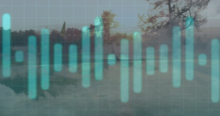 Displaying digital turquoise equalizer bars overlaying lakeside at dusk, with grid lines. Abstract, serenity, technology, minimalism, reflection, calmness, digital artの写真素材