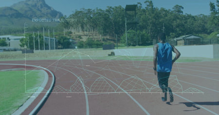 Sprinting male athlete wearing blue top and tights on red track with trajectory overlay, copy space....