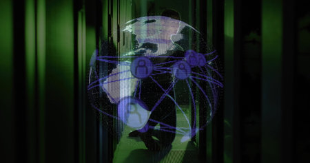 IT technician examining rotating holographic globe in server room, with server racks and cables....