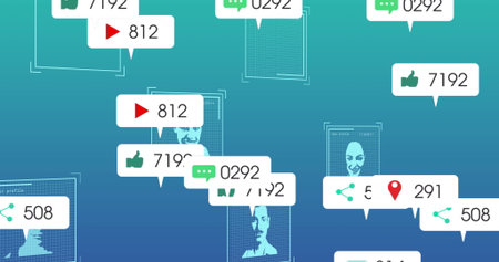 Floating social profile wireframes showing notifications across teal-blue gradient interface....