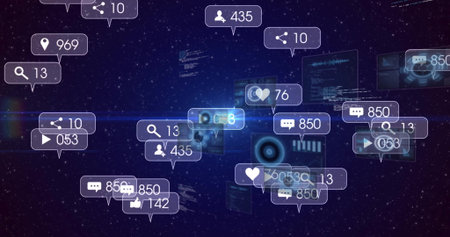Floating metric icons showing hearts comments user counts and code swirling over dark digital space....