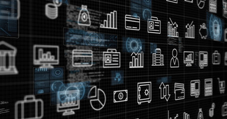 Showing interface featuring grid of business and finance icons on dark dashboard, with data theme. Futuristic, digital, analytics, corporate, tech, financial, interfaceの写真素材
