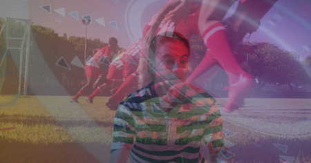 Showing boy wearing polo on grass pitch, with red soccer team running to goal and overlays....