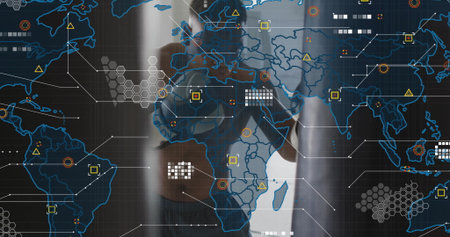Operating touchscreen Black male wearing smartwatch in office, with map and colored data nodes....