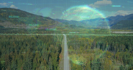 Slicing two-lane highway bisecting forest valley, with grid and waveform overlay and numeric data....