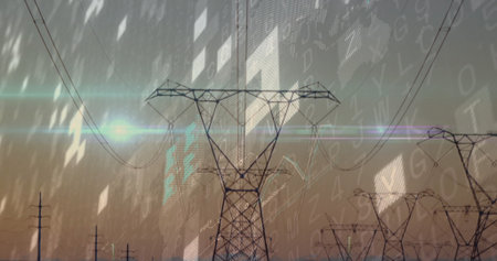 Displaying central steel tower linking power cables along rural corridor at dusk, with digital code....