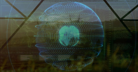 Floating spherical data-point globe displaying binary code in greenhouse, with chart overlays....