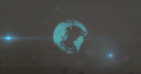 Glowing holographic globe hovering above substation at night, with data streams, nodes and flares....