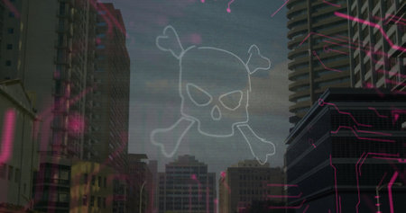 Floating white skull and crossbones over downtown towers and crane, with magenta circuit motifs. Urban, dystopian, futuristic, technology, cyberpunk, skyline, neonの写真素材