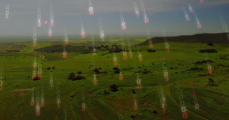 Showing aerial farmland with crop rows unfolding over rolling hills, with binary code overlay....