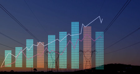 Displaying bar chart overlay and line graphs rising above rural dusk field, with pylons and cables. Industrial, infrastructure, data visualization, energy, technology, landscape, progressの写真素材