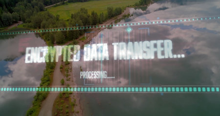 Displaying encrypted data transfer interface overlaying aerial forest shore view with progress bars....