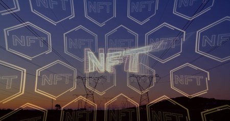 Displaying holographic NFT text floating over rural dusk transmission lines, highlighting pylons....