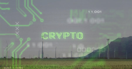 Displaying glowing green CRYPTO text hovering over foothill wind farm with circuitry and data....